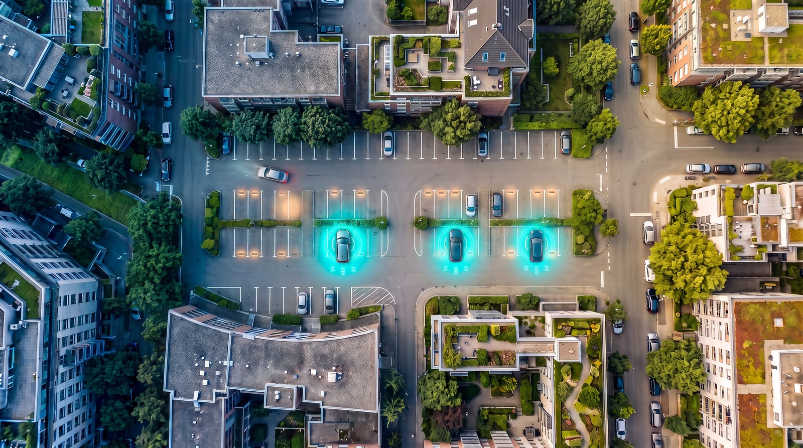 Aerial view of a residential car park with three electric vehicles glowing teal as they wirelessly charge in their bays, illustrating each vehicle as a connected energy asset