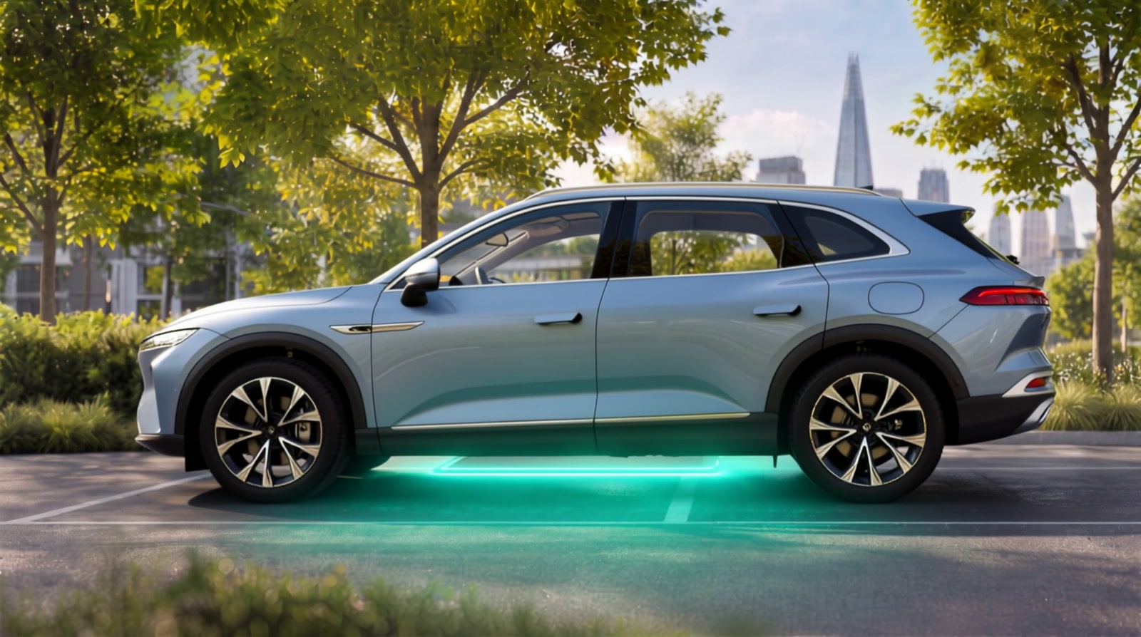 A silver electric SUV parked next to a glowing wireless EV charging pad on a tree-lined London street, with The Shard behind